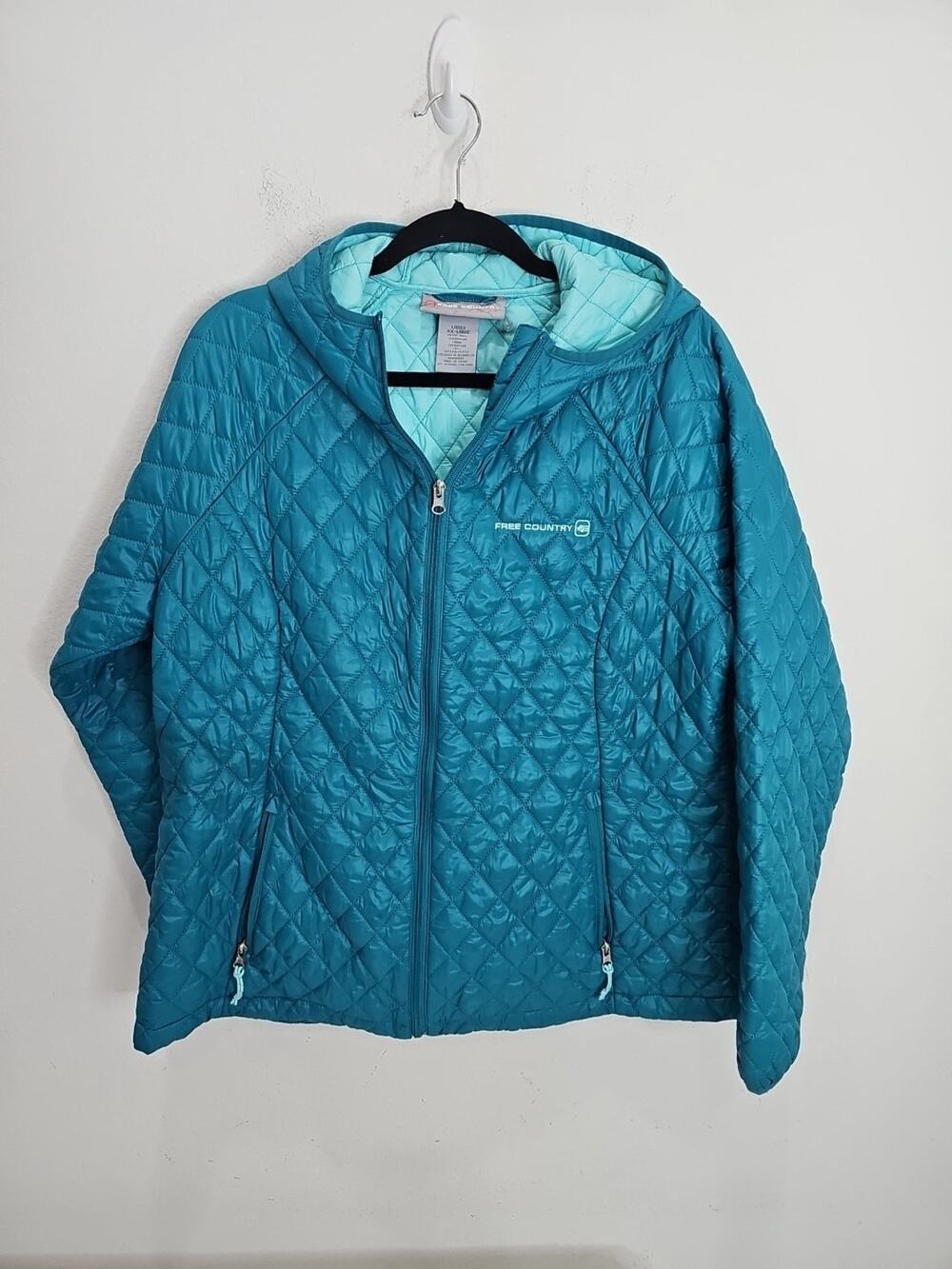 Free Country Quilted Jacket Coat Woman’s Blue Hooded Lightweight size XL